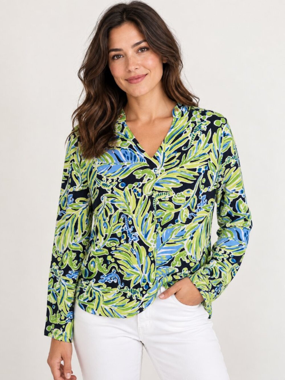 Crown & Ivy Tropical Gecko Leaf Print Hoodie Top Medium Preppy Resort